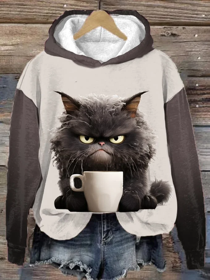 Women's Winter Funny Cute Wonderland Clothing Clipart Cat Coffee Printed Hooded Sweatshirt