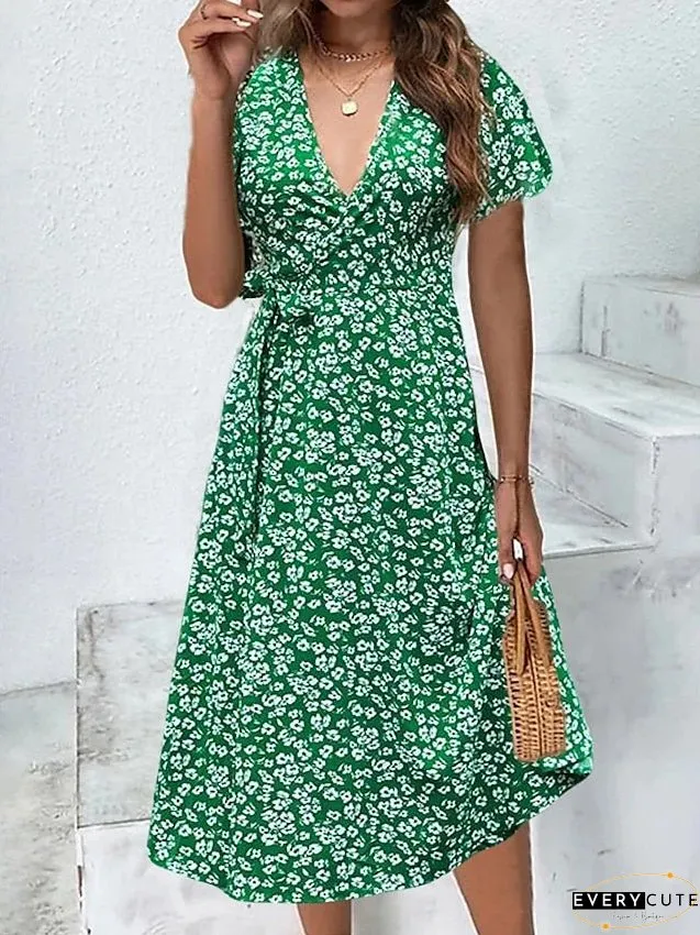 Casual Dress Wrap Line Floral Ditsy Lace Split Neck Midi Fashion Streetwear Outdoor Daily