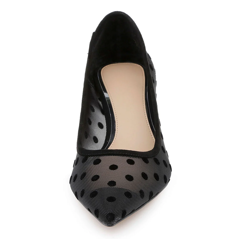 Black Mesh Polka Dot Pointed Toe Mid Spool Heel Pumps for Women