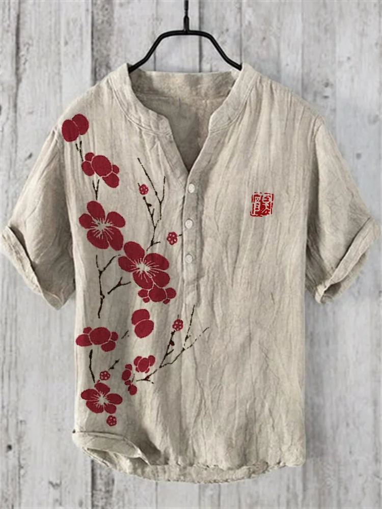 Cherry Blossom Japanese Lino Art Linen Blend Shirt