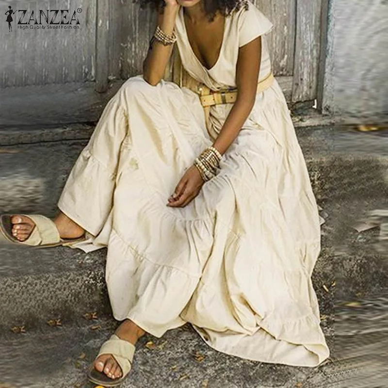 ZANZEA Elegant Women Short Sleeve Ruffles Dress Summer Solid Cotton Linen Sundress Femme Robe Party Long Vestido Loose Dresses