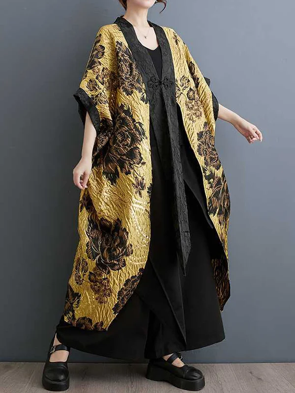 Split-Joint Pleated Chinese Frog Buttons Flower-Embellished Loose Batwing Sleeves V-Neck Outerwear