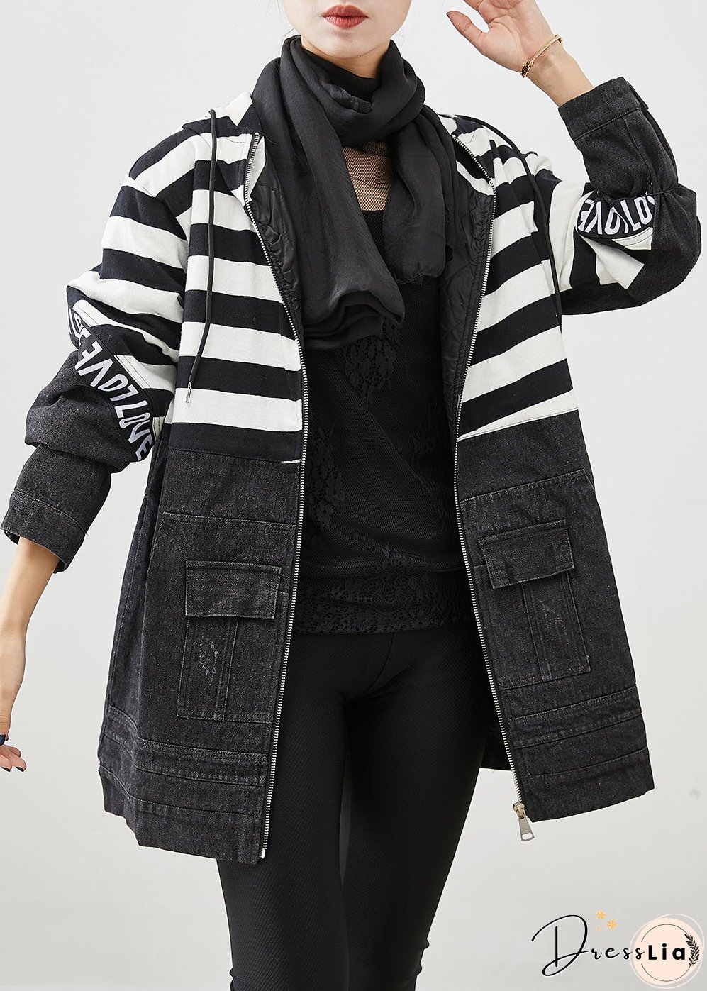 Plus Size Black Hooded Patchwork Striped Fine Cotton Filled Denim Jacket Witner