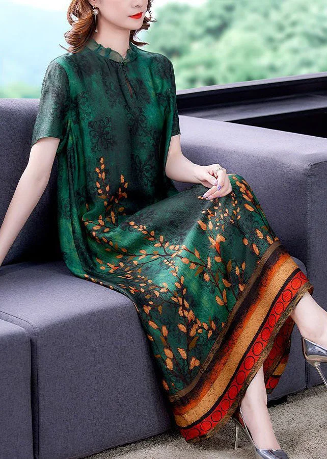 Bohemian Green Ruffled Print Silk A Line Dress Summer