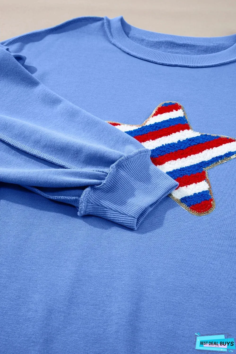 Sky Blue Sequin Trim Embroidered Star USA Pattern Sweatshirt