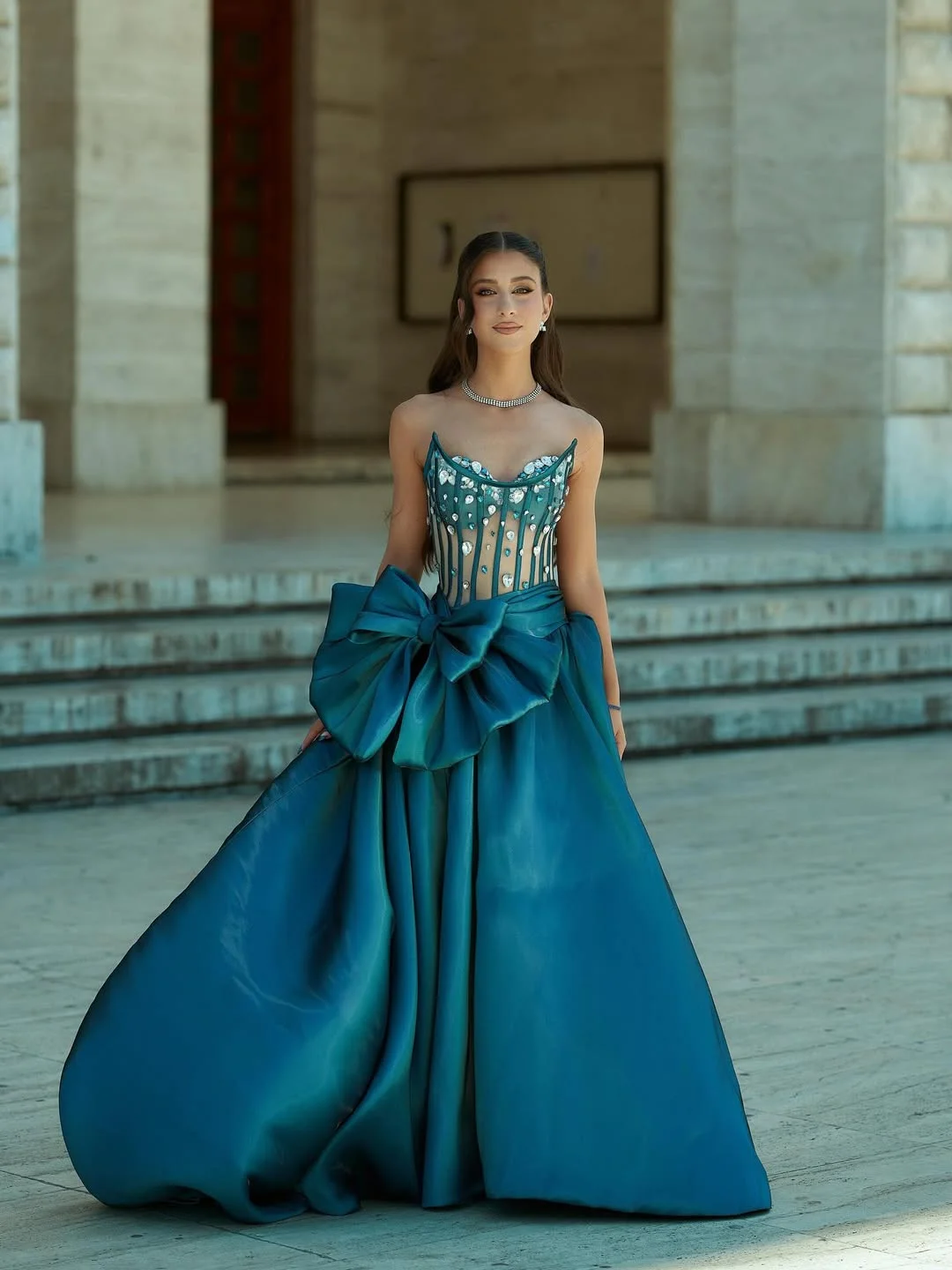 Gorgeous Straight Across Rhinestone Bow-Knot Split Prom Dress YK0265