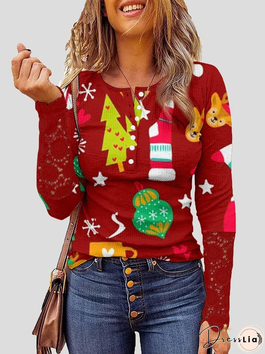 Lace Christmas Print Button Round Neck Long Sleeve T-Shirt