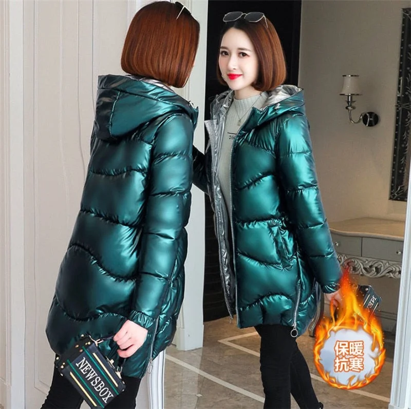 2021 Women Shiny Down Cotton Jacket Winter Jackets Warm Mid Long Cotton Padded Casual Hooded Parkas Overcoat Female Basic Coat