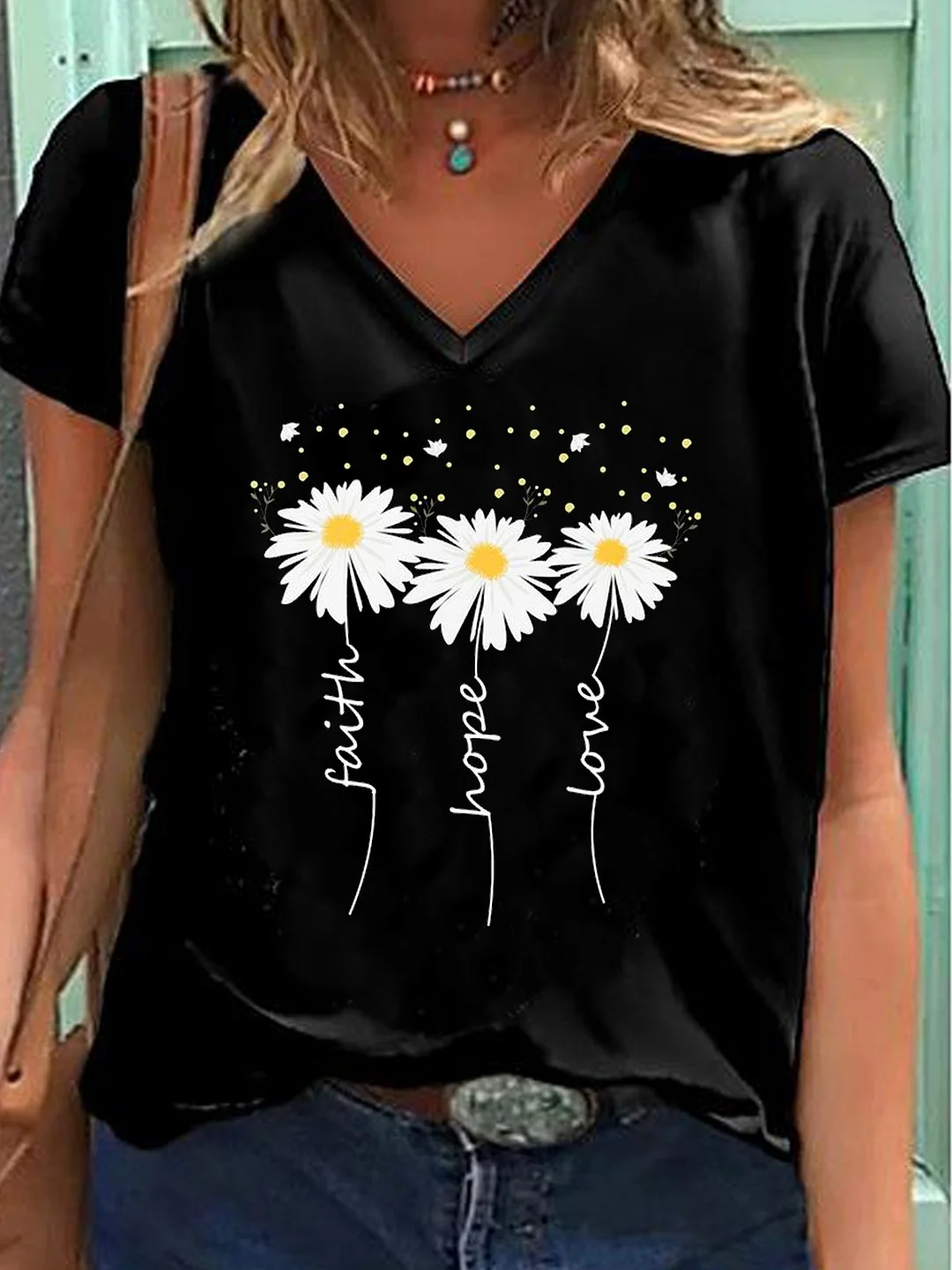 Casual V Neck Floral Jersey T-Shirts