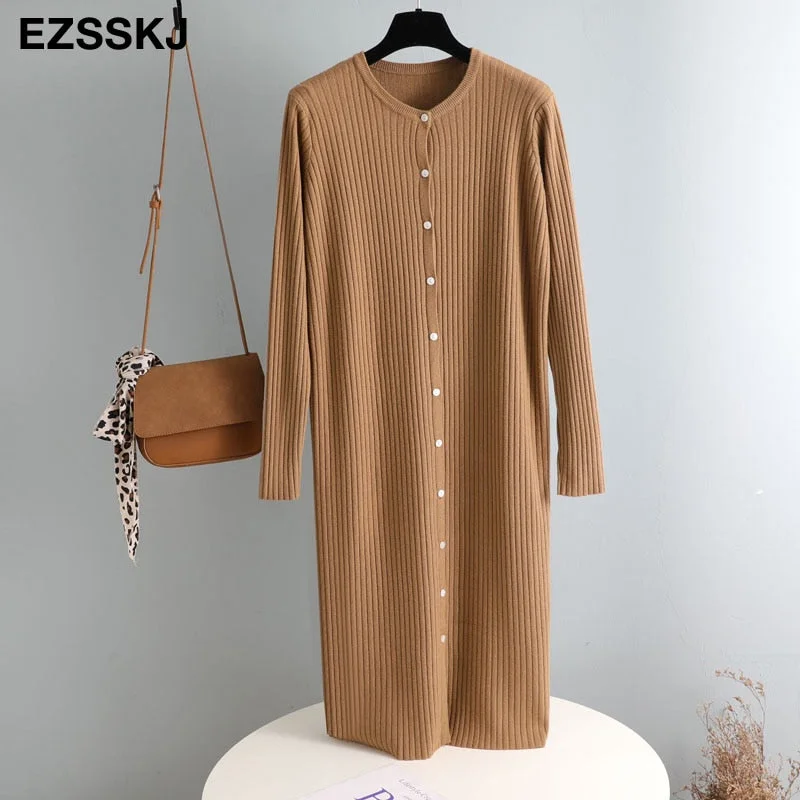 autumn winter o-neck button oversize long sweater dress chic loose knit dress women long dress Female chic sweater maixt dress