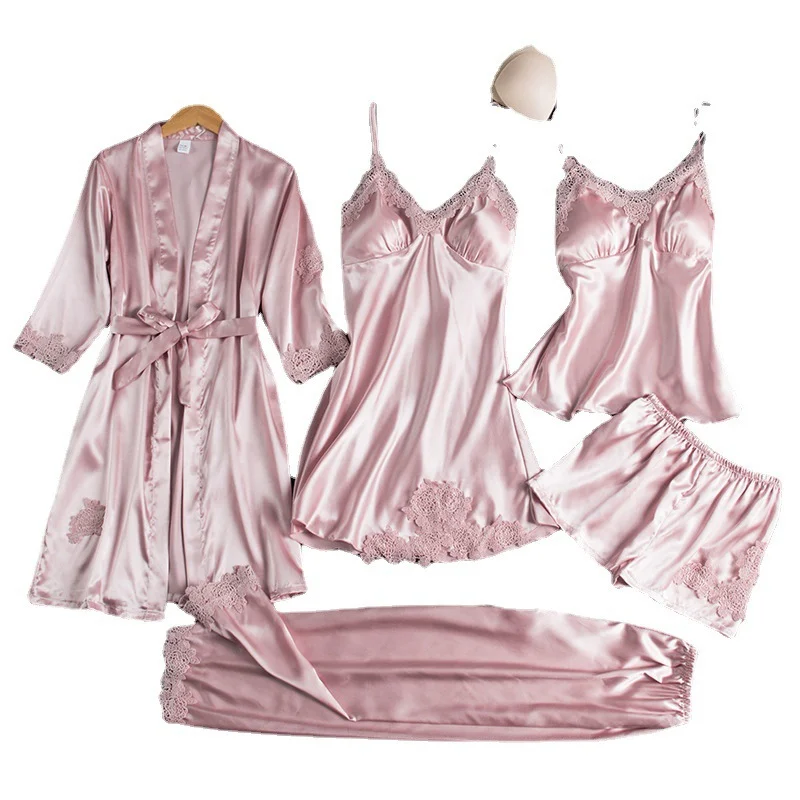 Uveng Uveng Women Summer Ice Silk Sexy Hot Home Clothes Spring And Autumn Long Sleeve Thin Large-Size Pyjamas Five-Piece Set Bathrobe