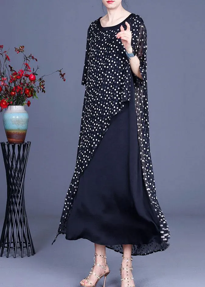 Plus Size Black Patchwork Dot Summer Silk Sundress Half Sleeve