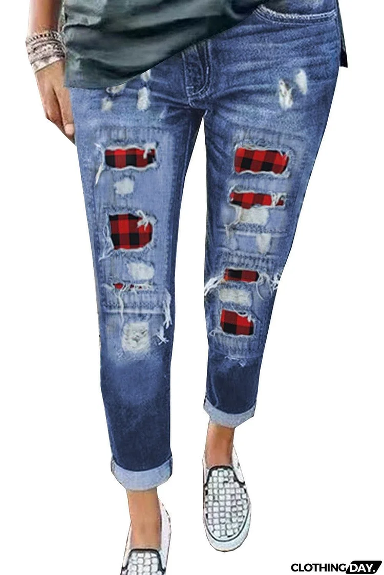 Ripped Plaid Straight Legs Jeans