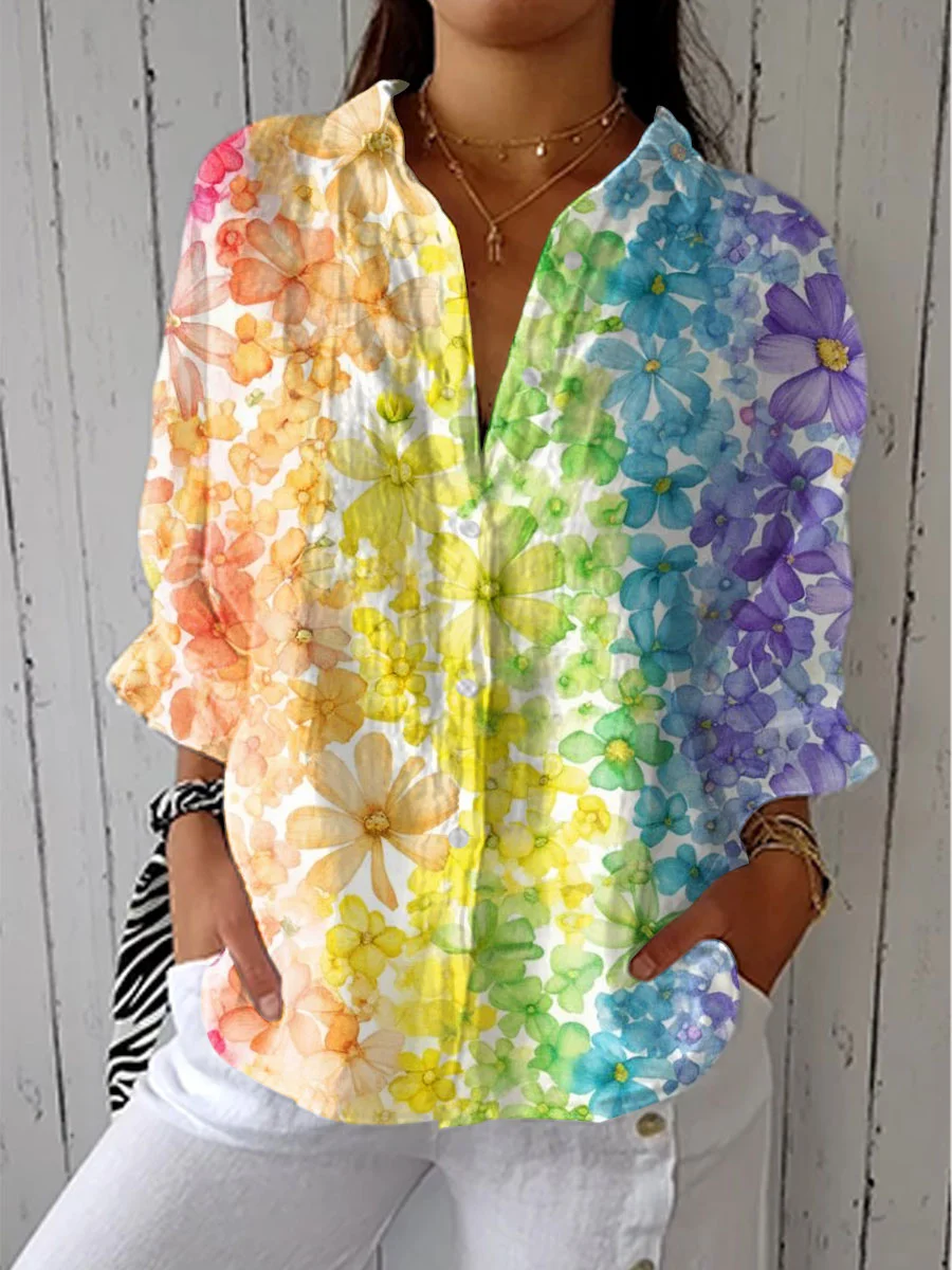 Women's Vintage Floral Art Print Casual Linen V-neck Shirt