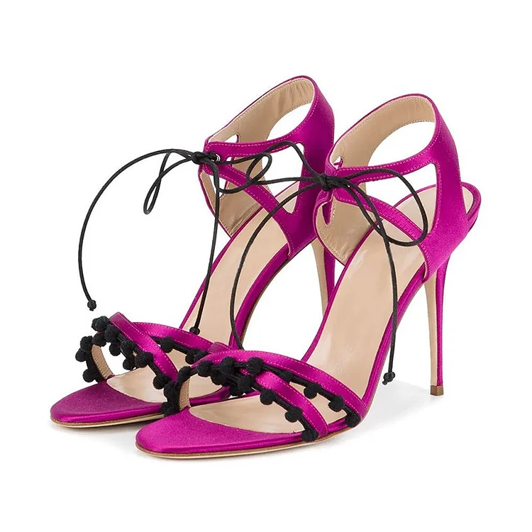 Fuchsia Satin Lace Up Stiletto Heels Sandals |FSJ Shoes