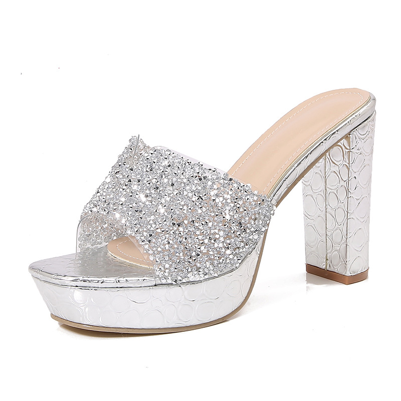 Everyday Silver Rhinestone Platform High Heels Slippers 2024 - Flycurvy 