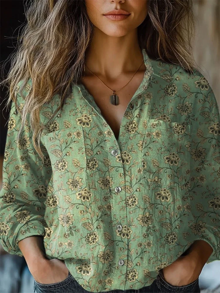 Womens Retro Floral Pattern Print Casual Long Sleeve Comfortable Cotton Shirt