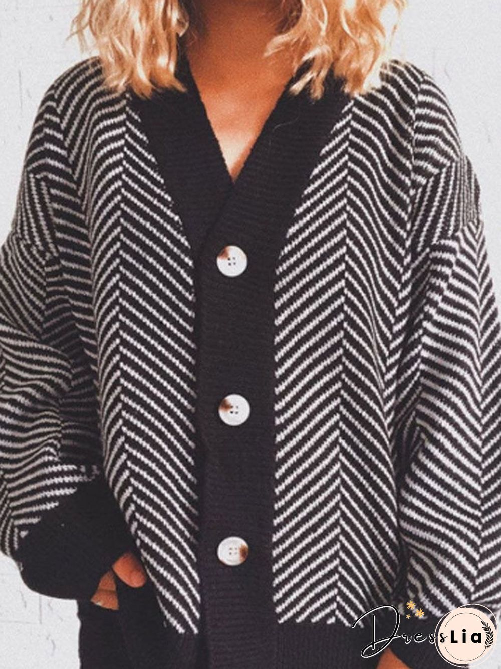 V-neck Striped Casual Loose Sweater Cardigan