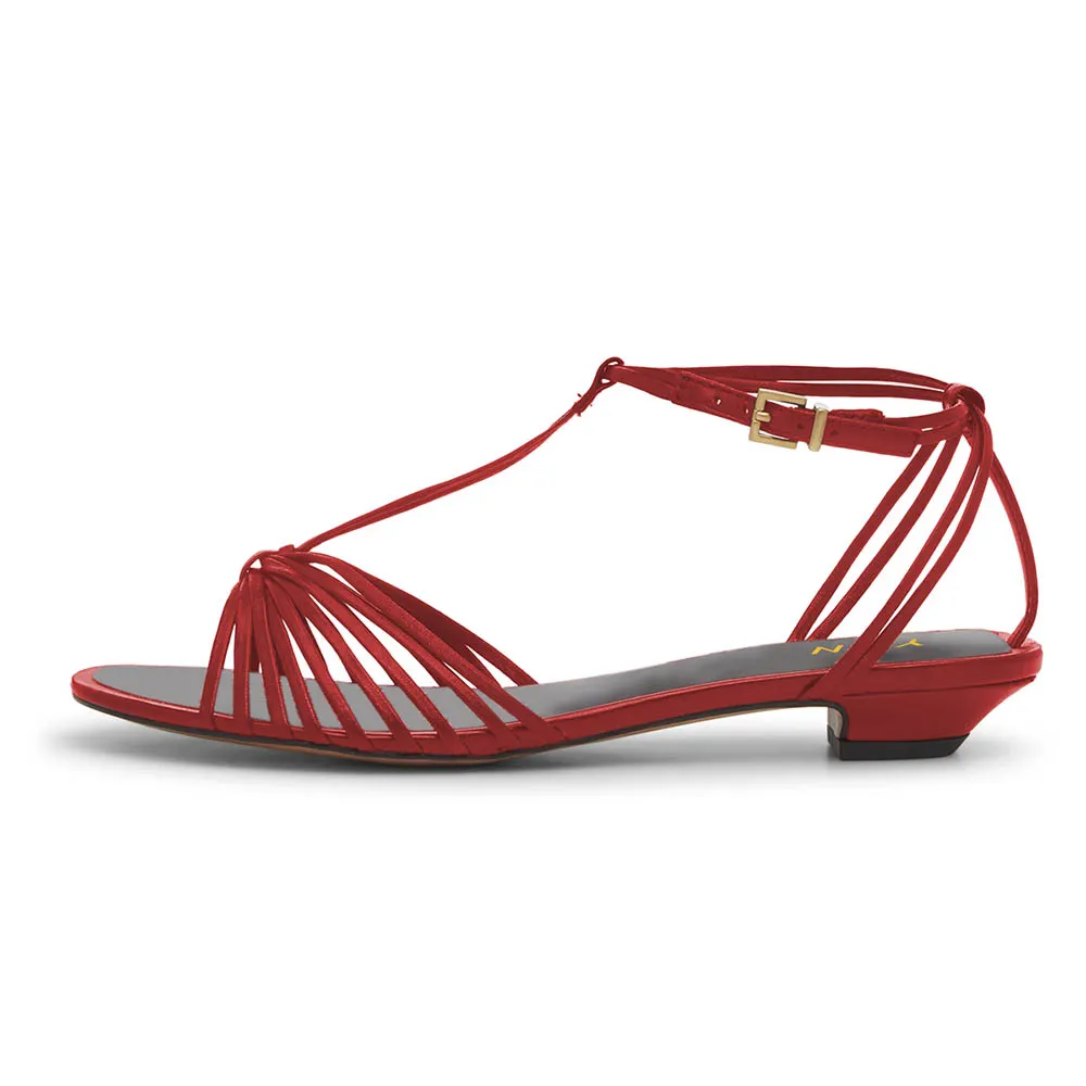YDN Red Vegan Leather Open Round Toe Simple Low Heel Sandals
