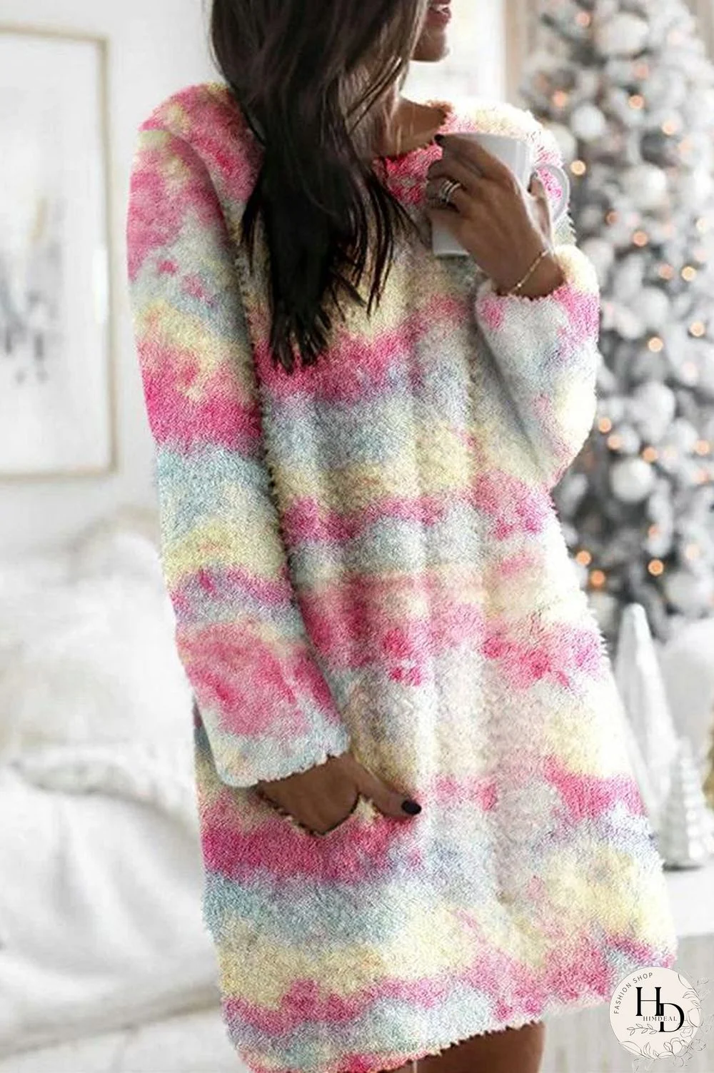 Fluffy Tie Dye Long Sleeve Mini Dress P12049