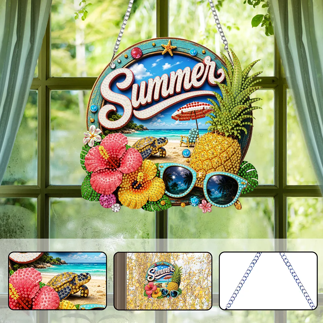 Summer Pineapple Beach 2D Flat DIY PET Diamond Painting Pendant Special Shape Hanging Gem Art Paintings Charm Single Side Drill for Adults Home Wall Window Decor