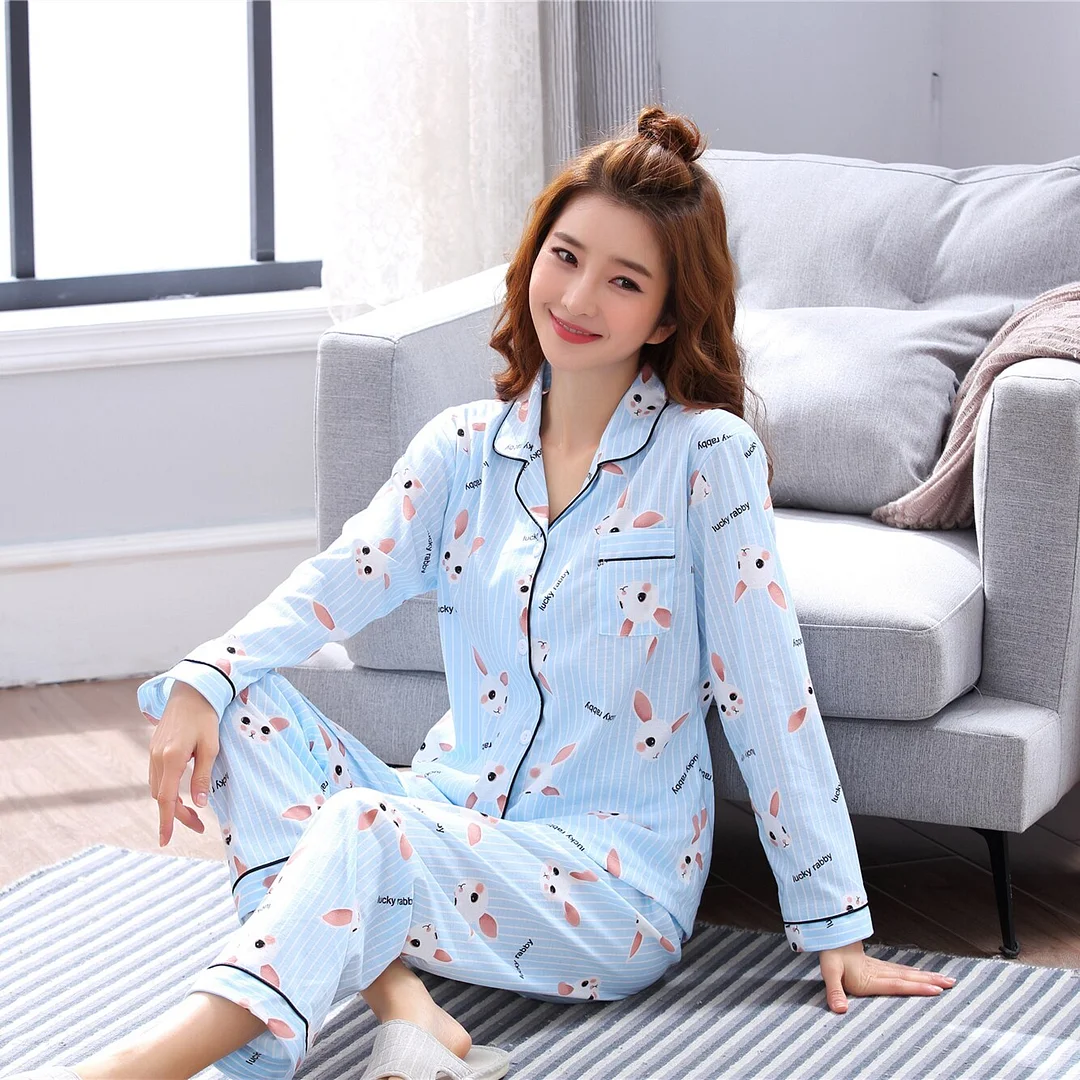 autumn Women Nightshirt Set girl Cotton Pajama Set Solid Color Stripes Pyjama Set Long Sleeve Sleepwear Woman pink Top Long Pant