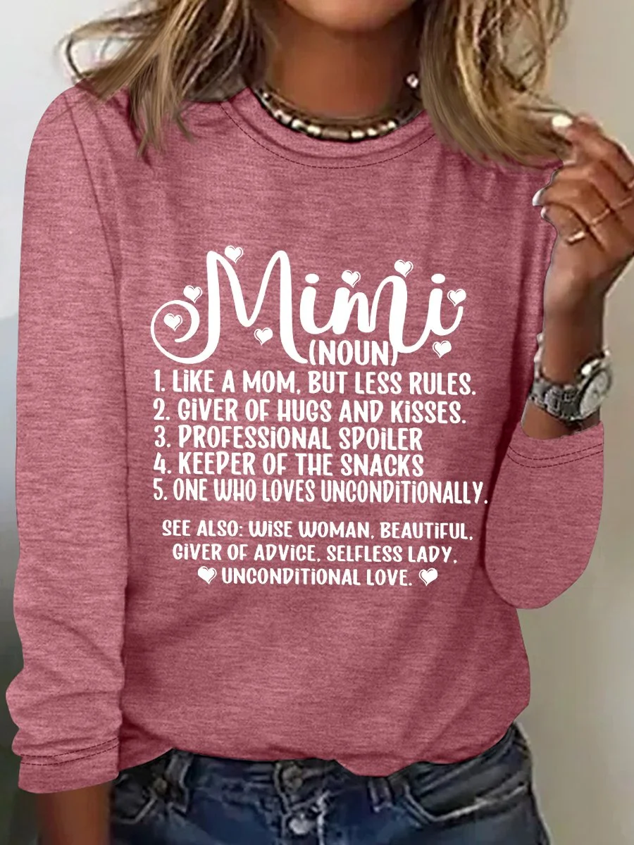Women's Funny Word Mimi Regular Fit Simple Cotton-Blend Long Sleeve Top