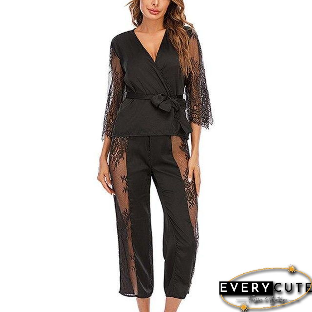 Women 2 Piece Set Sexy Two Piece Fashion Sexy Lace Sets Wear Lounge Wear Pocket Home Sleep Set Tops+pants Suit Female#f30