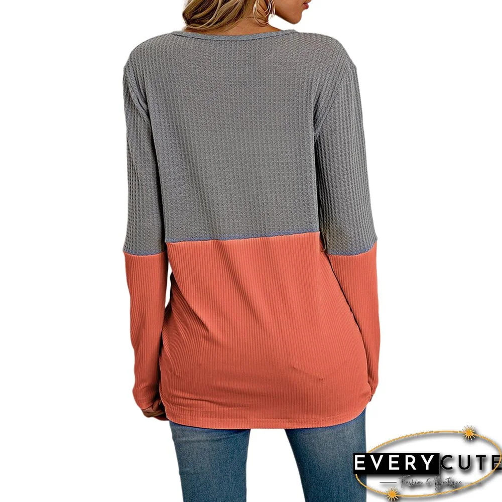 Orange Color Block Waffle Drawstring Long Sleeve Tops