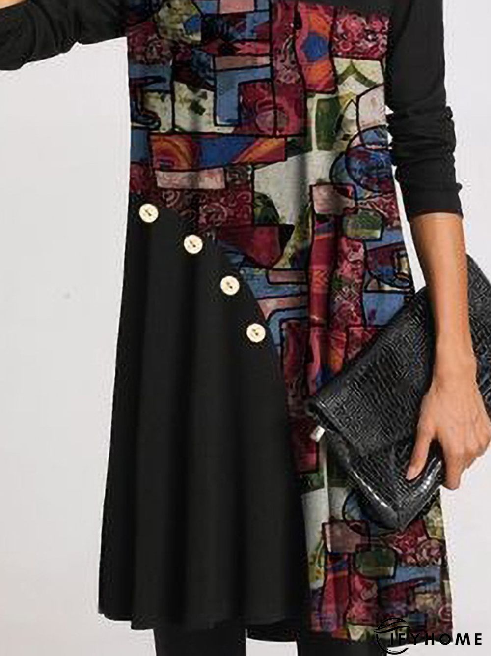 Casual stitching pullover round neck A-line skirt Shift Geometric Crew Neck Casual Knitting Dress | IFYHOME