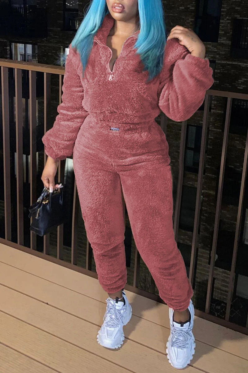 Casual Solid Patchwork Zipper Collar Long Sleeve Two Pieces