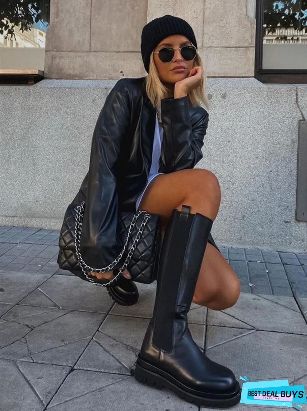 Solid Color Suit Collar Fake Pocket Fashion Casual Women's Leather Coat