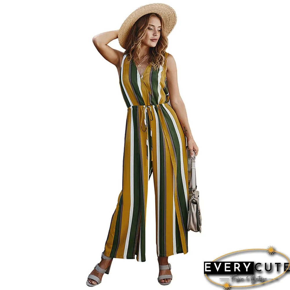 Yellow Stripe Wide Leg Split Casual Jumpsuit