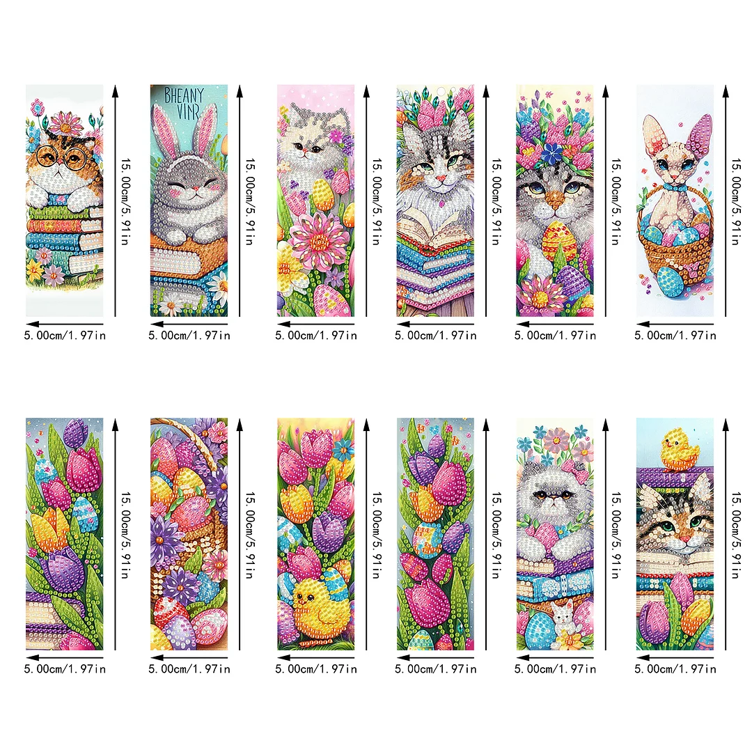 12Pcs Easter Cats DIY Diamond Art Painting Bookmark for Reading Enthusiasts