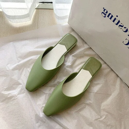 2021 Fashion Pointed Toe Mules Women Summer Slippers Candy Color Flats Slip-on Holiday Ladies Sandals Slides PU Women Shoes