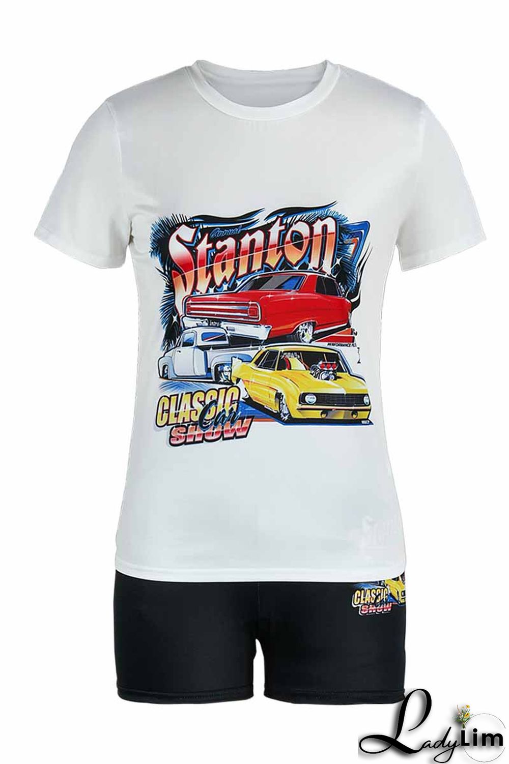 Black Yellow Fashion Casual Print Basic O Neck Short Sleeve Two Pieces