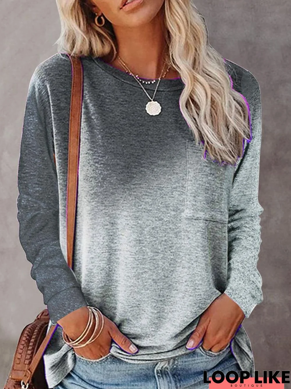 Round Neck Gradient Color Casual Loose Long-Sleeved T-Shirt