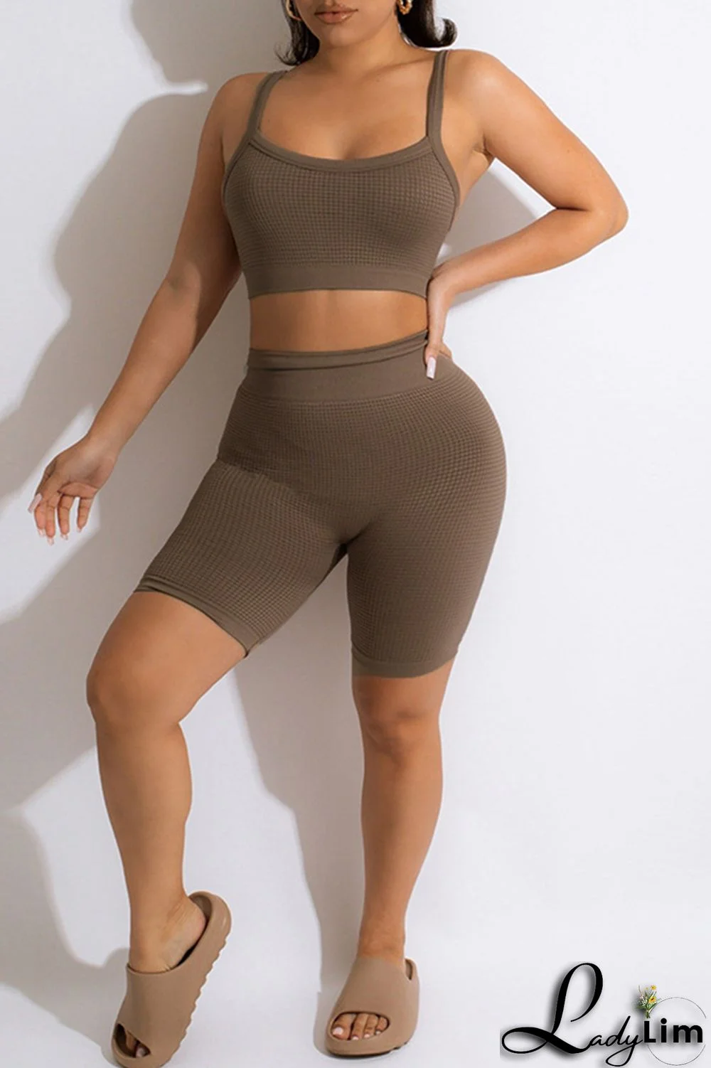 Khaki Casual Sportswear Solid Backless Spaghetti Strap Sleeveless Two Pieces