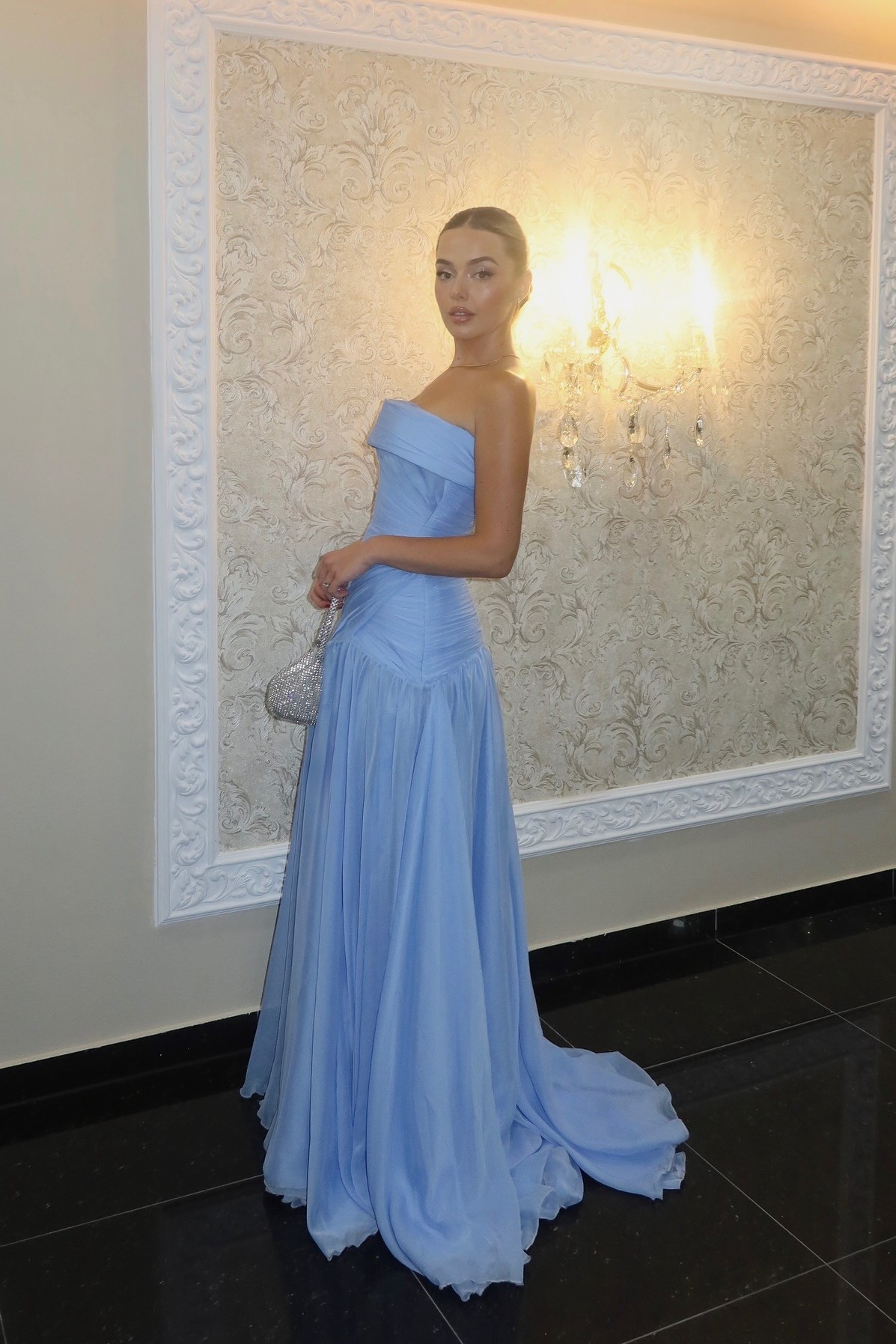 Oknass Chic Blue Strapless Sleeveless A Line Long Prom Dress With Pleated