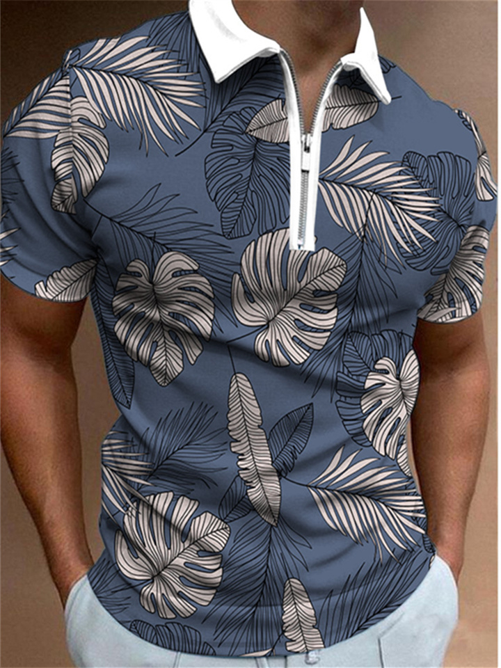 Men's Blue Polo Shirt Leaf Print Fashion T-Shirt S M L XL 2XL 3XL 4XL