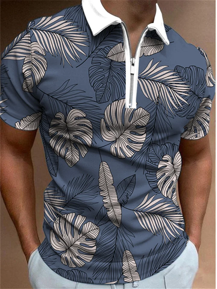 Men's Blue Polo Shirt Leaf Print Fashion T-Shirt S M L XL 2XL 3XL 4XL-Cosfine