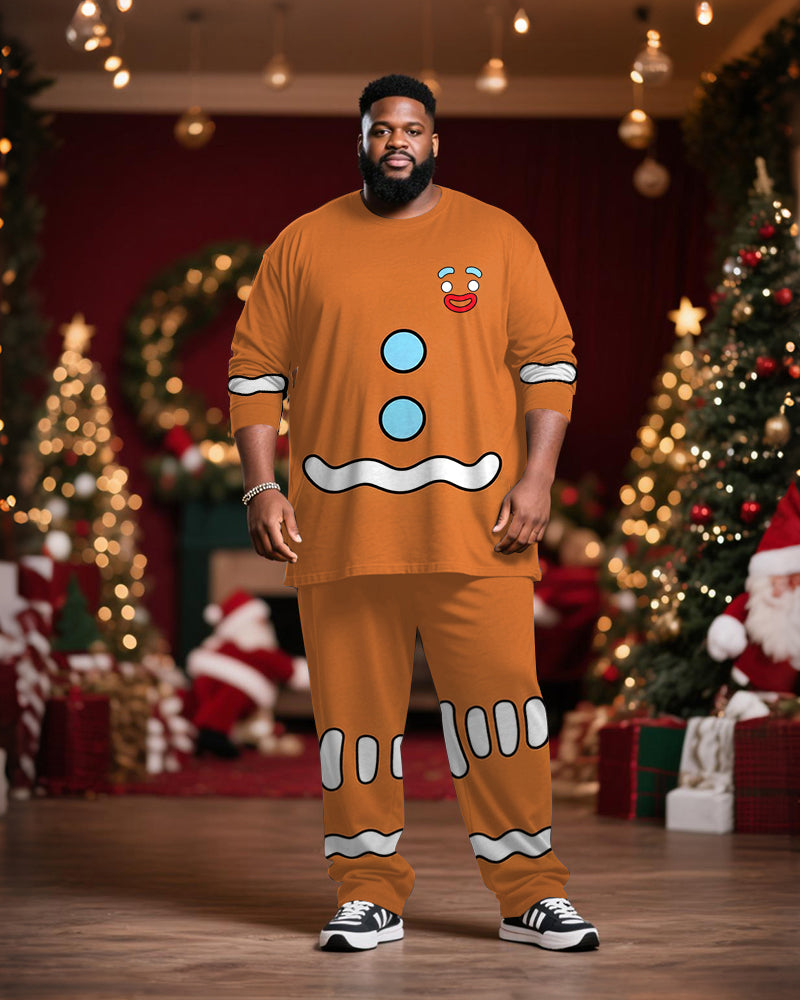 Big & Tall Men's Christmas Gingerbread Man Cosplay Printed Long Sleeve T-Shirt Trousers Suit
