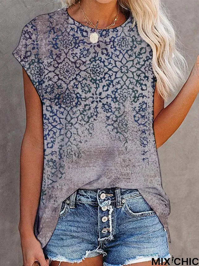 Paisley  Short Sleeve Printed  Cotton-blend  Crew Neck Vintage  Summer  Gray Top