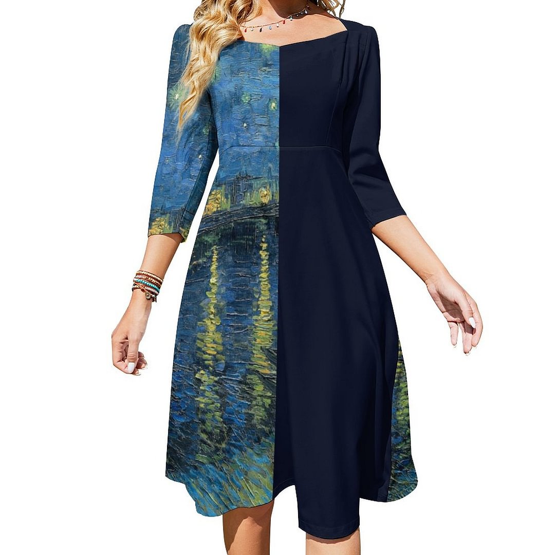 Van Gogh Starry Night Over The Rhone Midnight Dress Sweetheart Tie Back Flared 3/4 Sleeve Midi Dresses