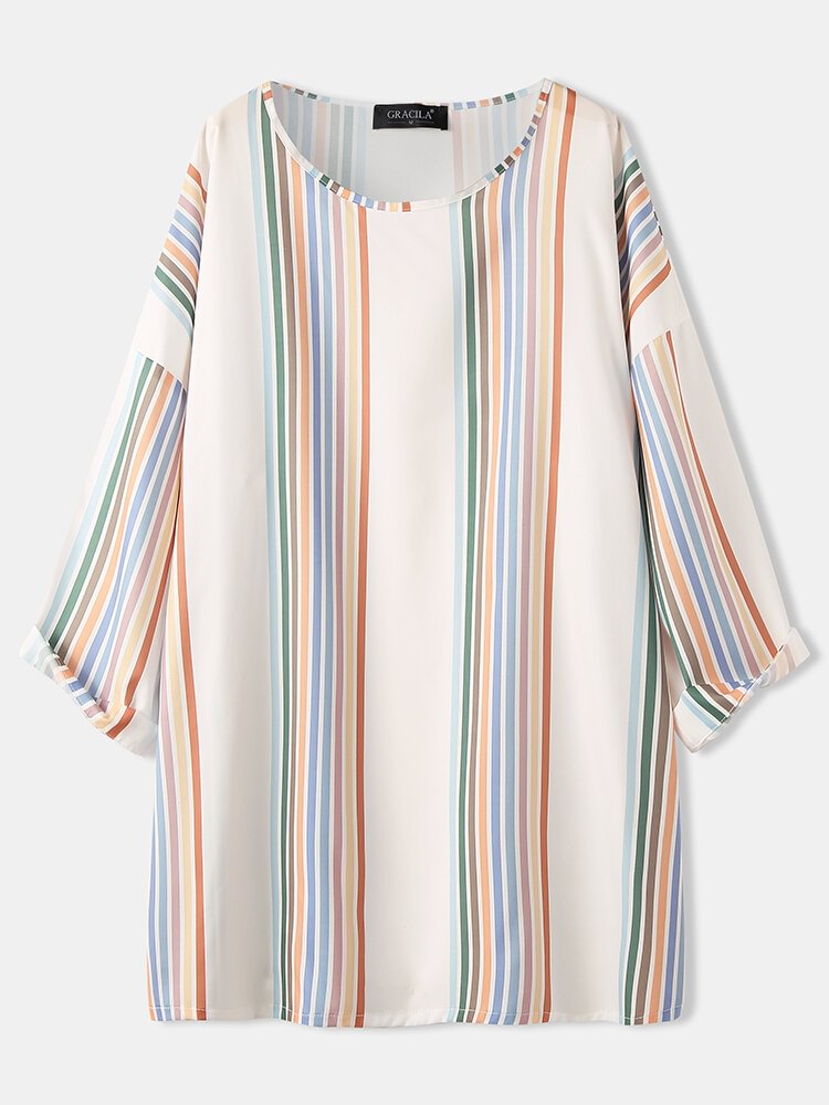 Colorful Striped Print O neck Long Sleeve Casual Blouse for Women P1802973