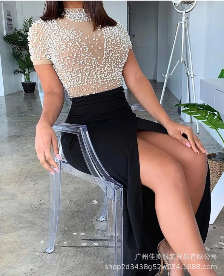 Ueong New E-Commerce Sexy Perspective Skirt Tulle Nail Bead Hairpin Round Neck Short-Sleeved Evening Dress Spot
