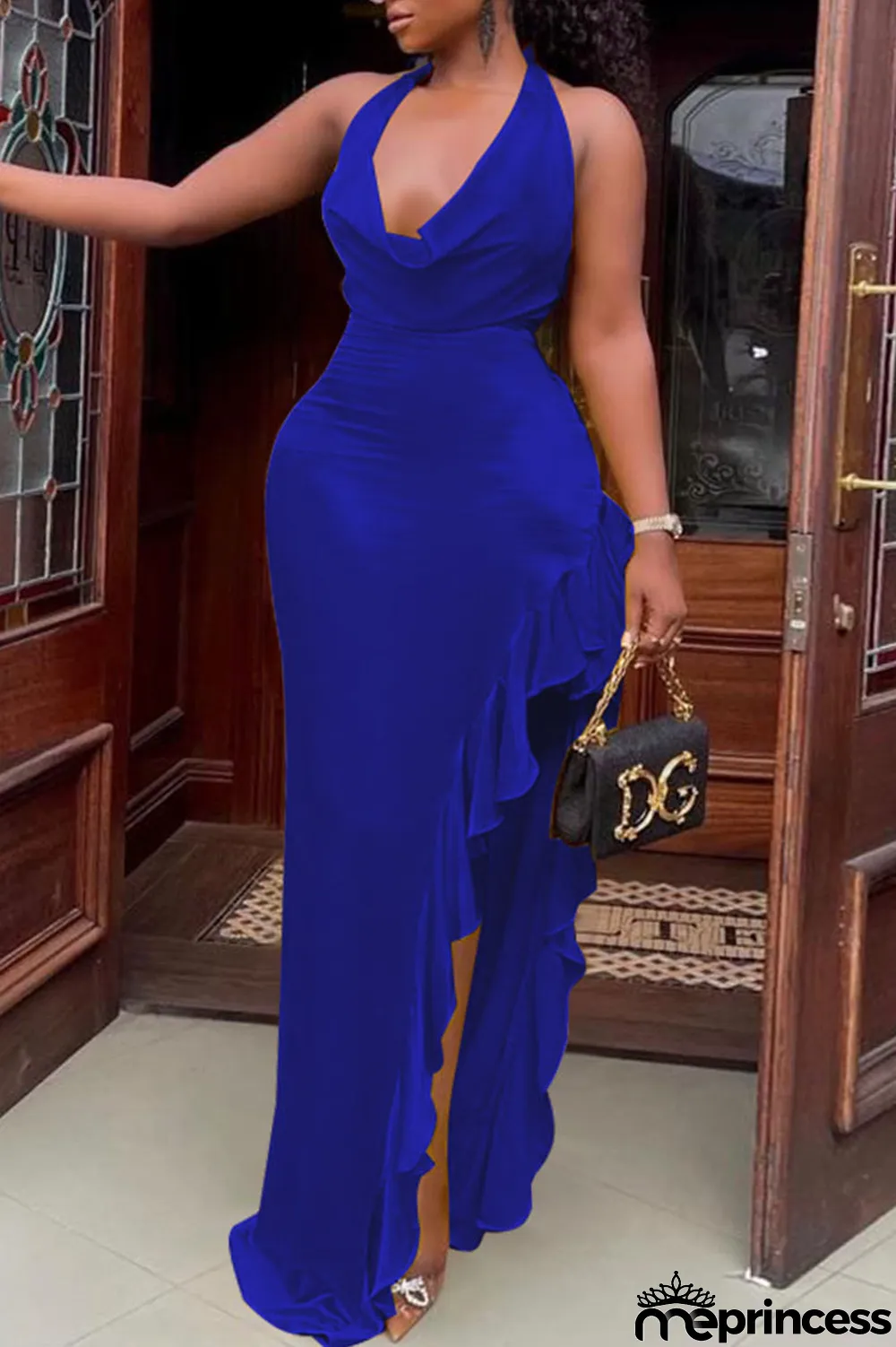 Colorful Blue Sexy Solid Patchwork Flounce Asymmetrical V Neck Evening Dress Dresses