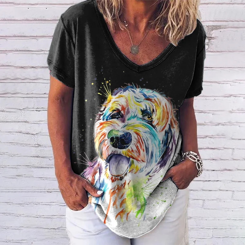 Casual V-Neck Colorful Dog T-Shirt
