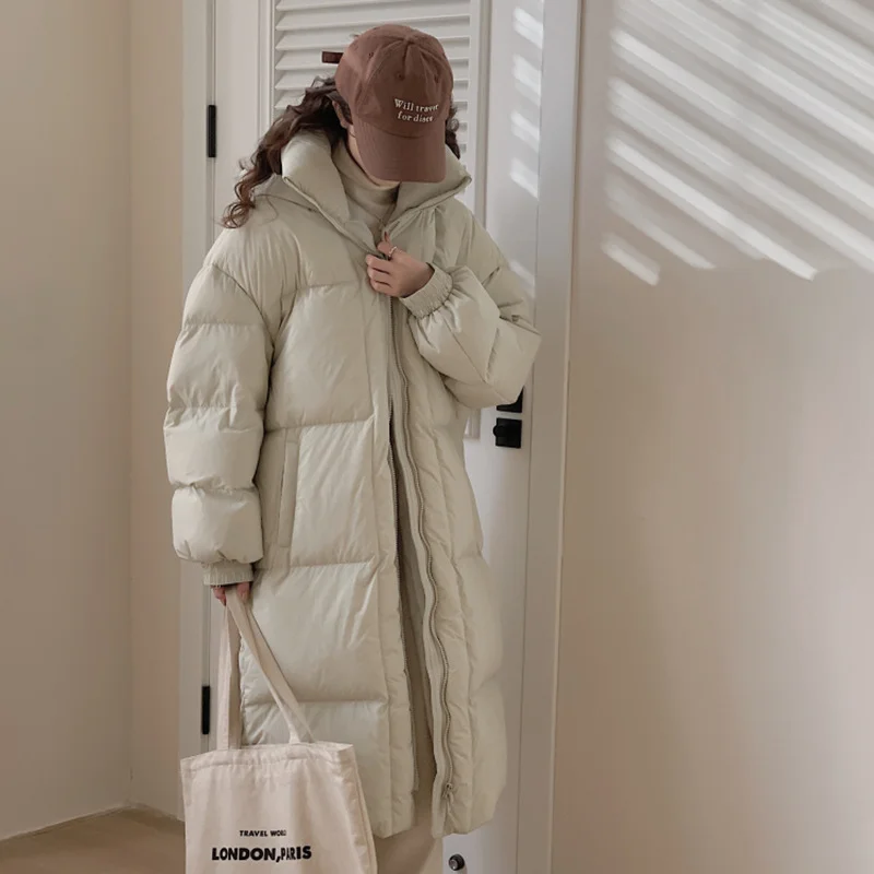 Toloer Long Big Quilt Down Jacket Female 2024 Winter Fashion Solid Color Loose And Thick White Duck Velvet Lovers Over The Knee Coat-Outfit Ideas
