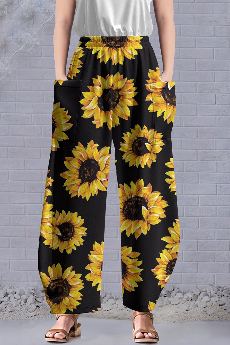 Flycurvy Plus Size Casual Yellow Sunflower Plant Print Pocket Pants  Flycurvy [product_label]